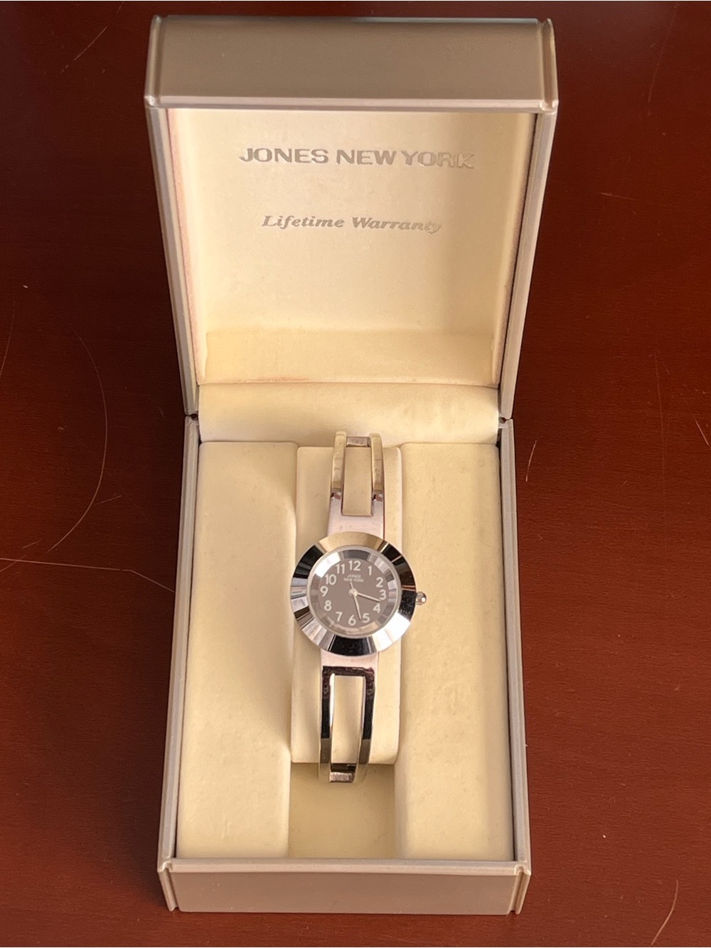 Jones New York Silver-Tone Women's Bangle Watch with Black Dial